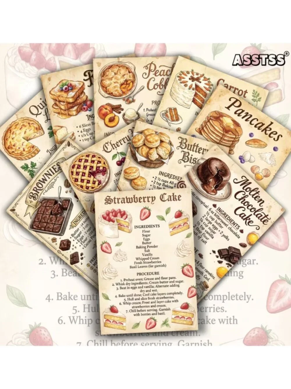 NWT 20pc Vintage Dessert Recipe Cards Aesthetic Kitchen Decor Postcards
